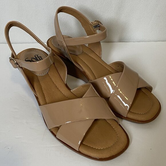 Sofft Gabella Wedge Sandals Sz 7.5 Beige Patent Leather Open Toe Ankle Strap - Picture 3 of 16